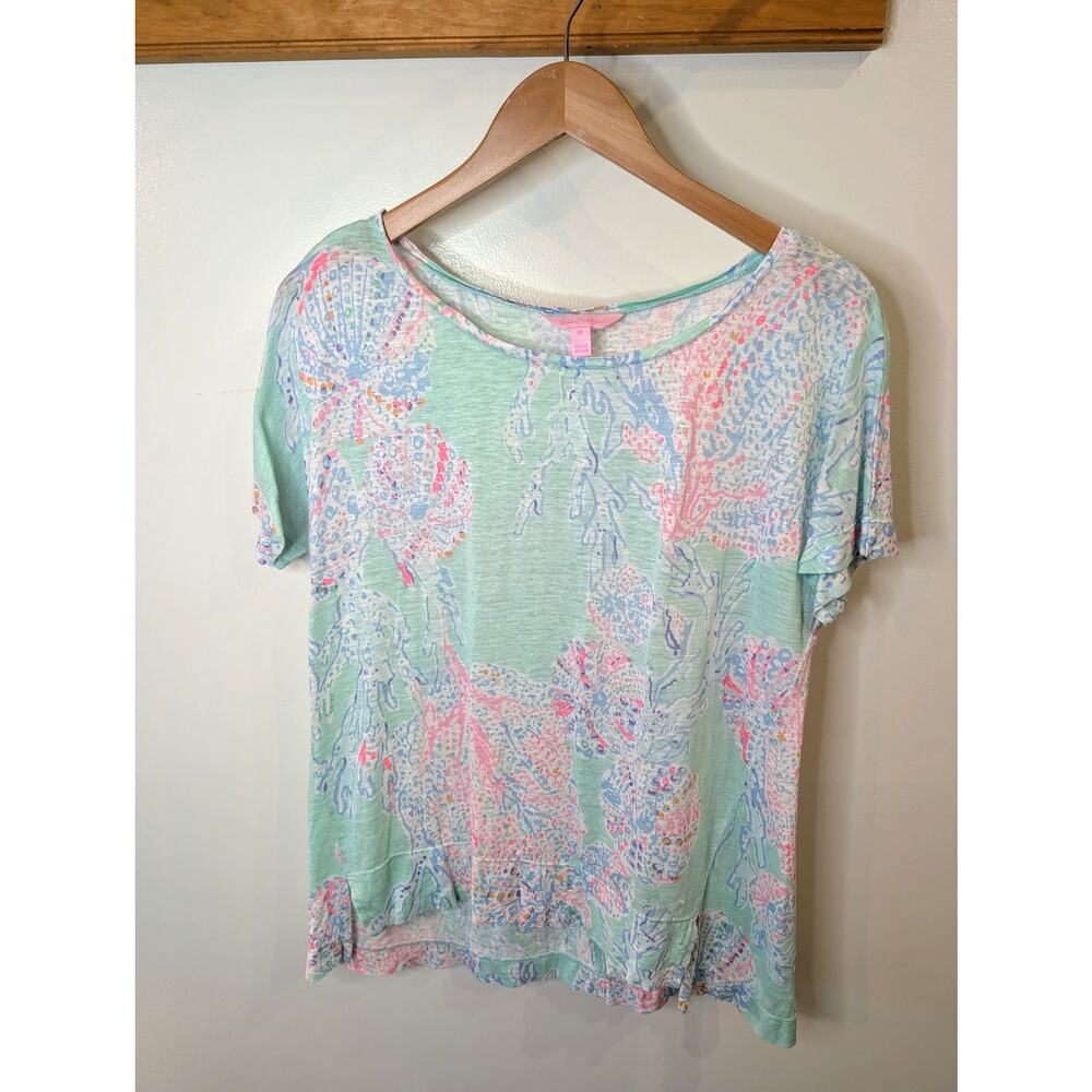 Lilly Pulitzer 100% Linen Print Tee Mint Pastel Floral Short Sleeve M